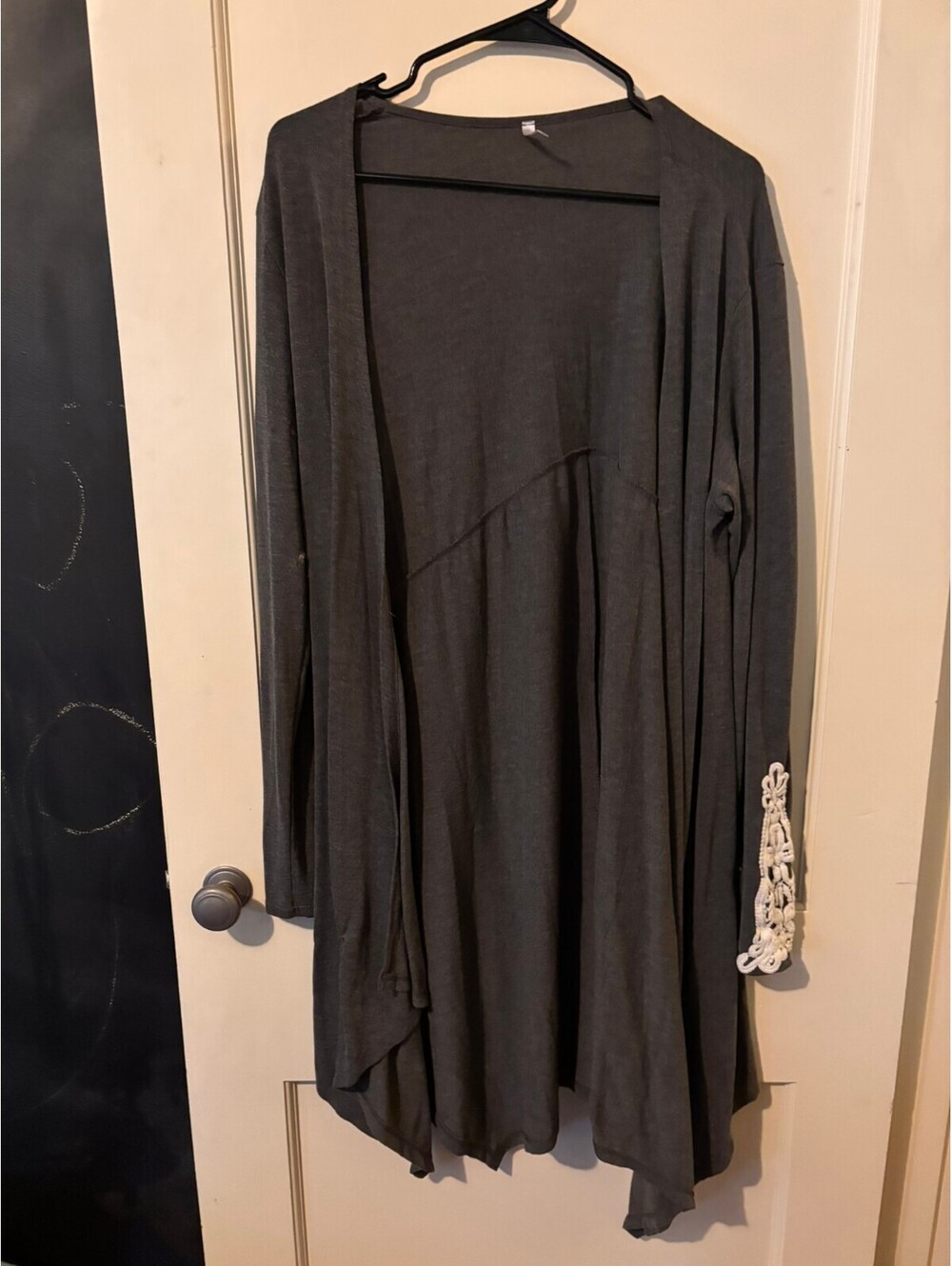 PinkBlush Dark Gray Open Front Cardigan with White Lace Detail